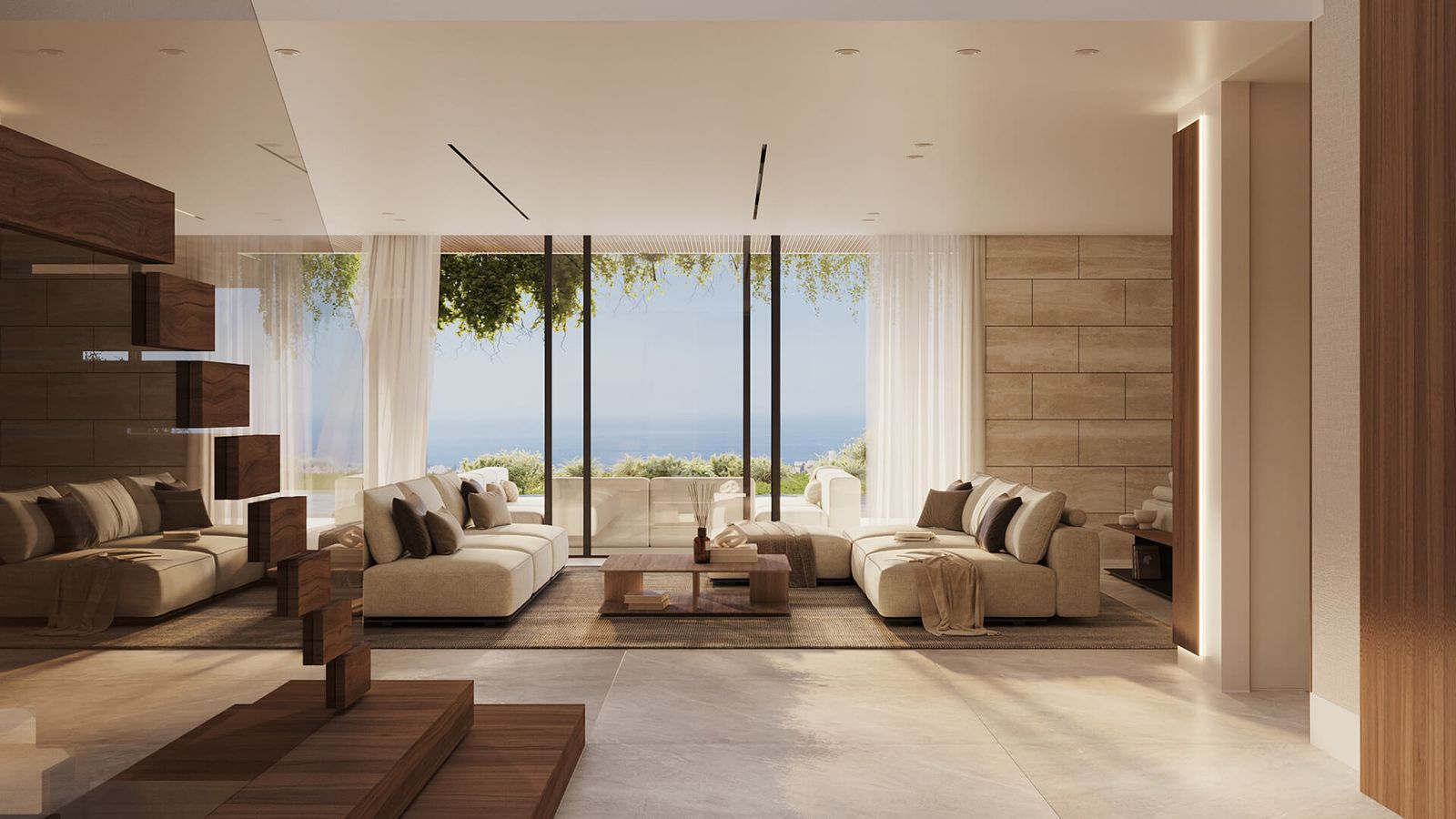 Luxe appartement woonkamer met uitzicht op zee