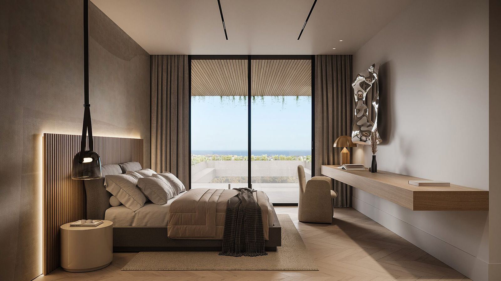 Luxe slaapkamer met uitzicht op zee in Sky Marbella Apartments
